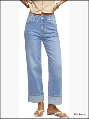 High Waisted Wide Leg Jeans Trendy Cuffed Hem Stretchy Denim